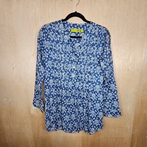Blue/White NWT Rock Flower Paper Pintuck Long Sleeve V-Neck Tunic Size Small‎